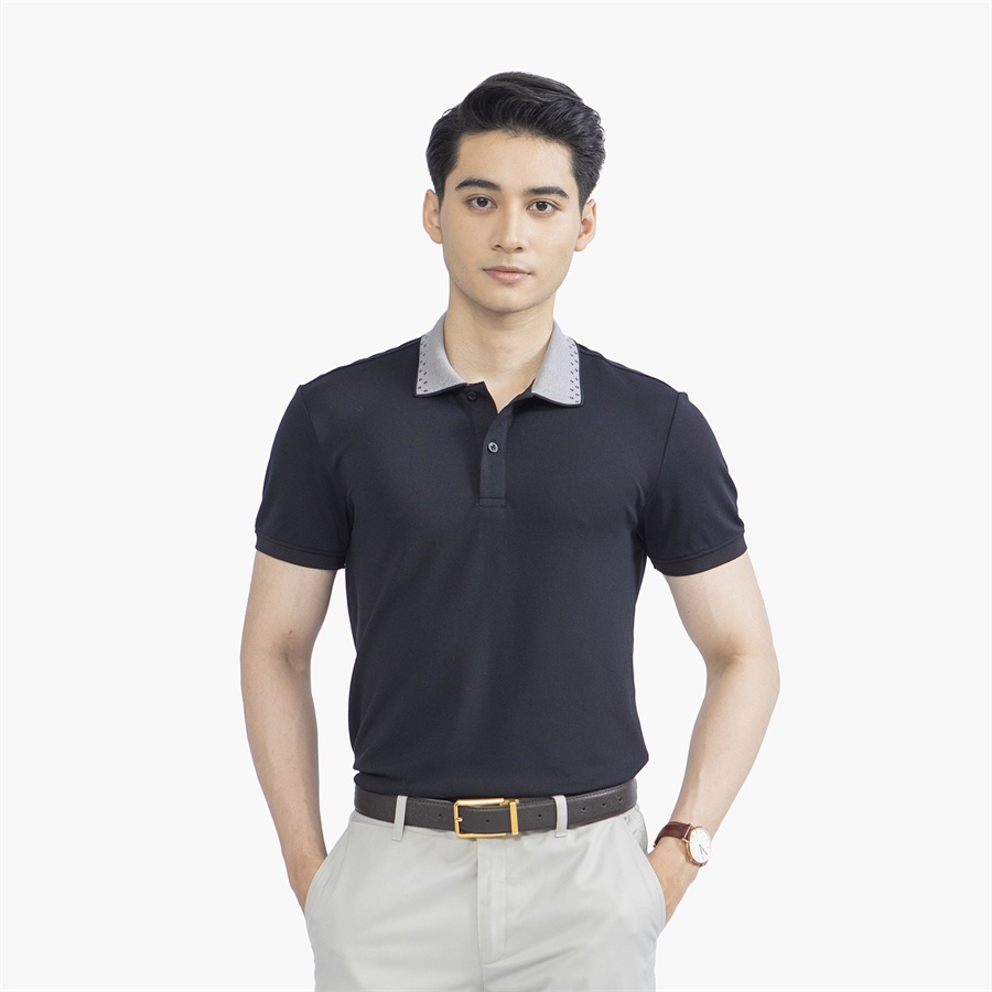 Áo thun polo nam Aristino APS121S2 phông ngắn tay có cổ bẻ dáng slim fit ôm nhẹ màu đen viền cổ xám vải Cupro cao cấp