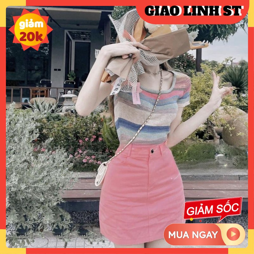 {HCM} Set chân váy kaki ngắn midi nữ hồng mix áo len ngắn tay sọc ngang kèm ảnh