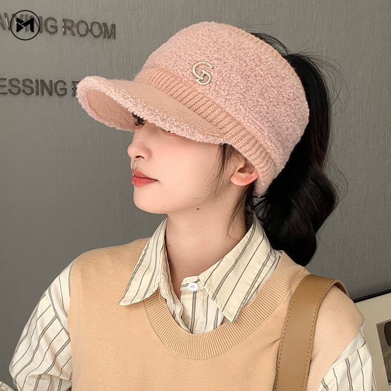 Mũ Lưỡi Trai Dệt Kim Phối Lông Thỏ Co Giãn Giữ Ấm Phong Cách Hàn Quốc Thời Trang Cho Nữ