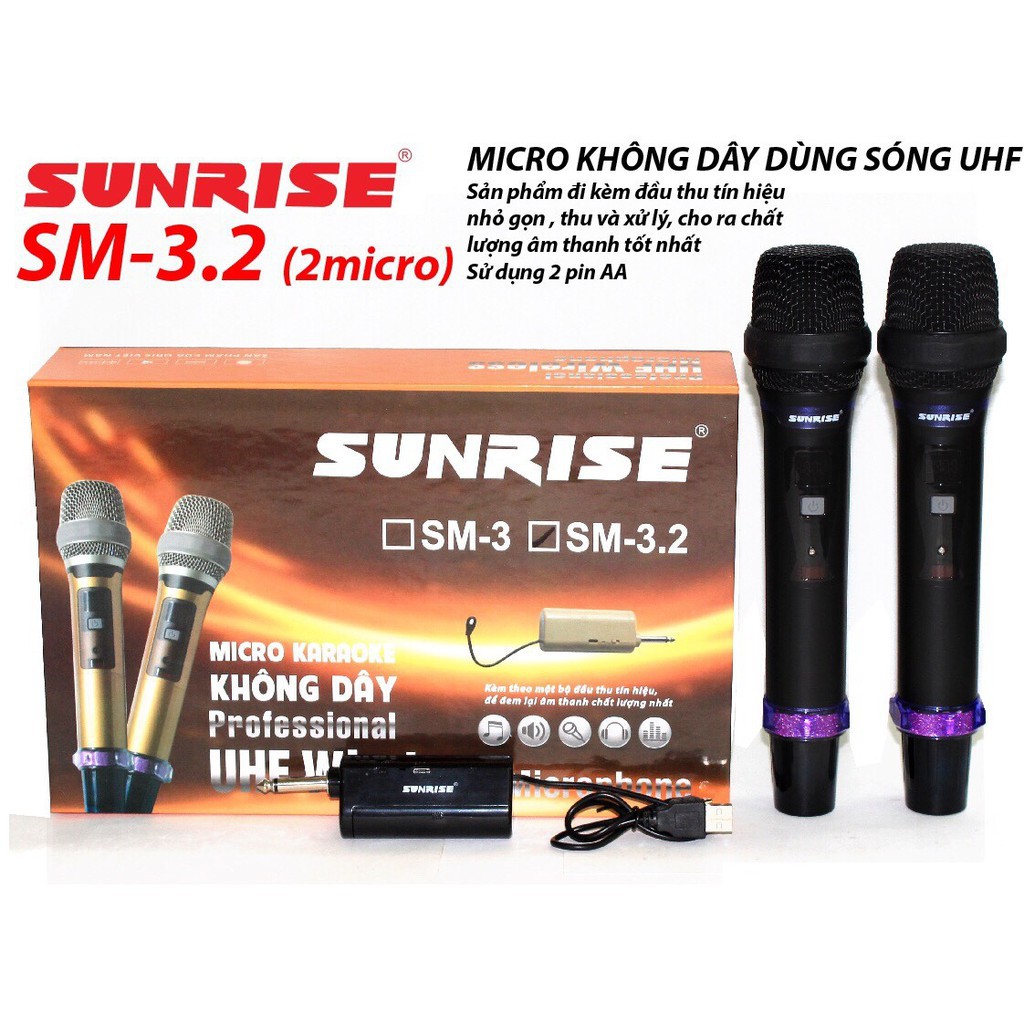 Micro không dây đa năng SUNRISE SM3.2 ( 2 micro ) cao cấp chuyên dùng cho loa kéo, amply, mic hút ít hú hát cực nhẹ