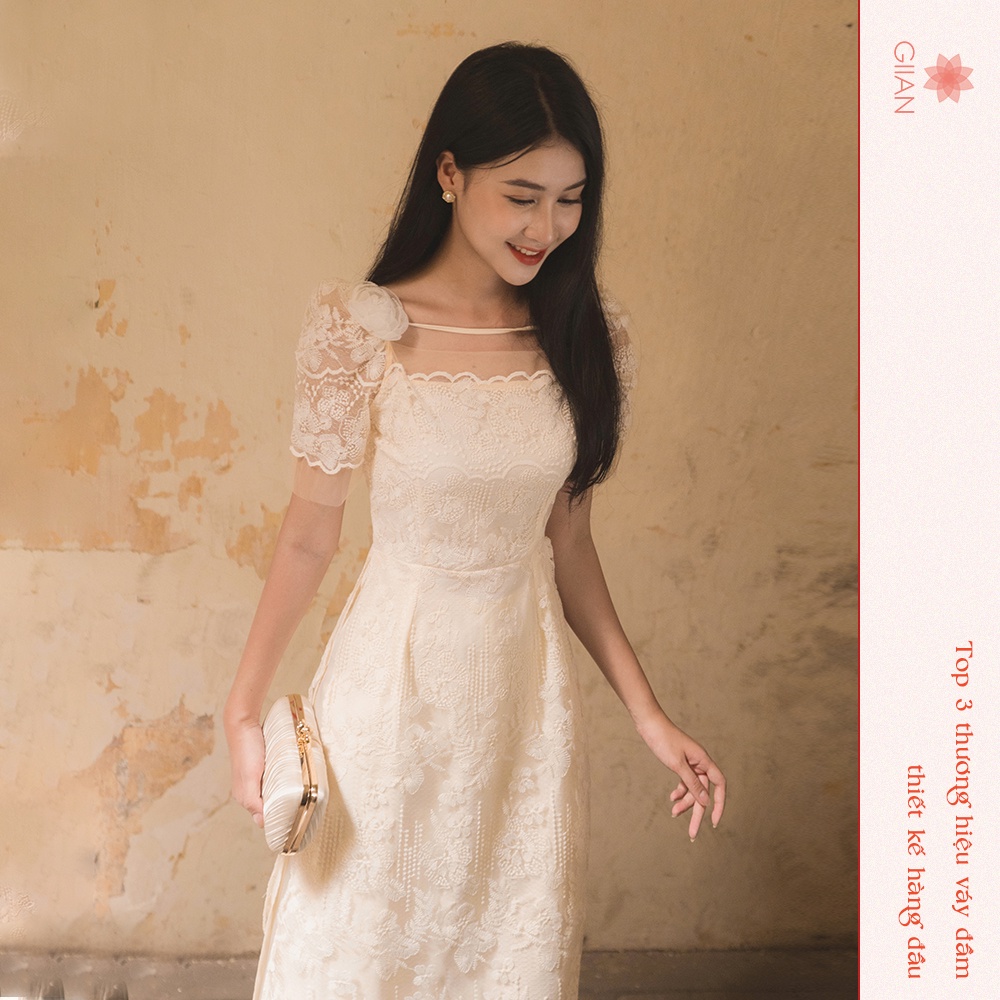 Áo dài cách tân be phối ren, điểm nhấn hoa vai siêu xinh - Thời trang Giian - AD0066