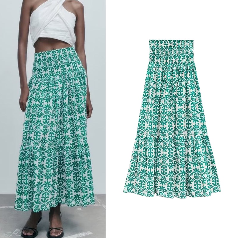 Zara Chân Váy MIDI Dáng Rộng Lưng Cao Xếp Tầng In Họa Tiết Thời Trang Mùa Hè Xinh Xắn Cho Nữ 5216248