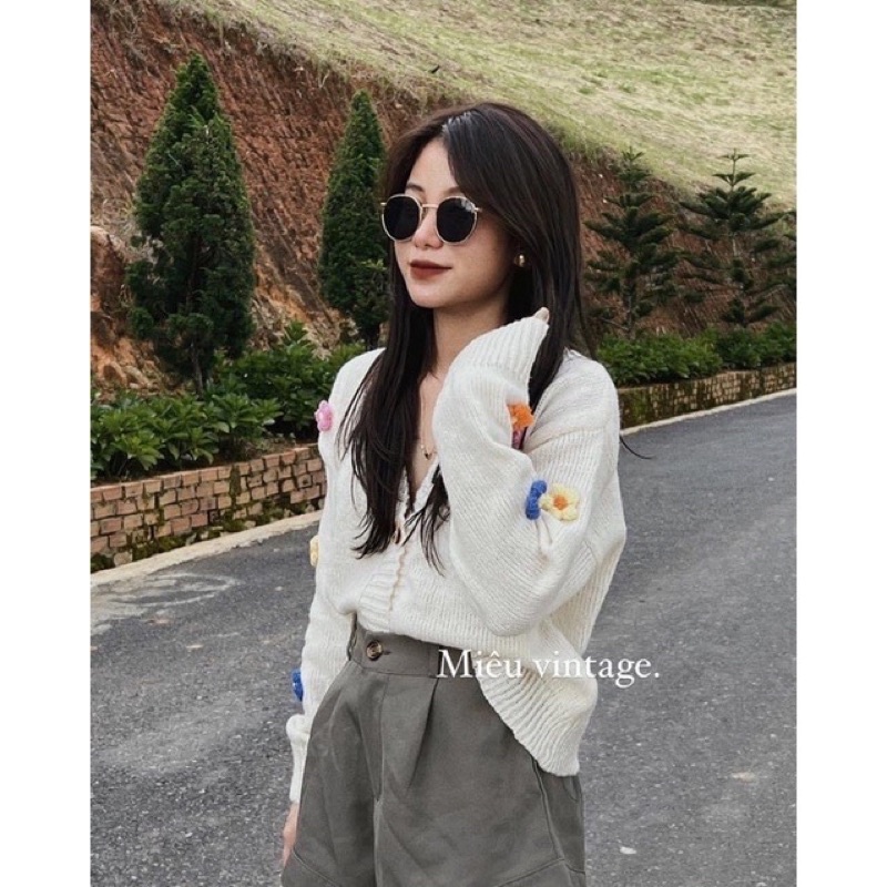 [ Ảnh thật ] Áo Cardigan croptop len đính hoa nổi - Áo khoác len dài tay dáng ngắn hoa Nổi phong cách vintage Hàn Quốc