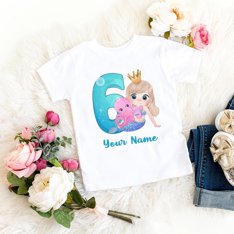 ✨Thêm tên miễn phí✨ Cô Gái Nàng Tiên Cá Sinh Nhật Hoạt Hình Áo Cho Bé Gái Số 1 2 3 4 5 6 7 Nàng Tiên Cá Trẻ Em Sinh Nhật Áo Thun