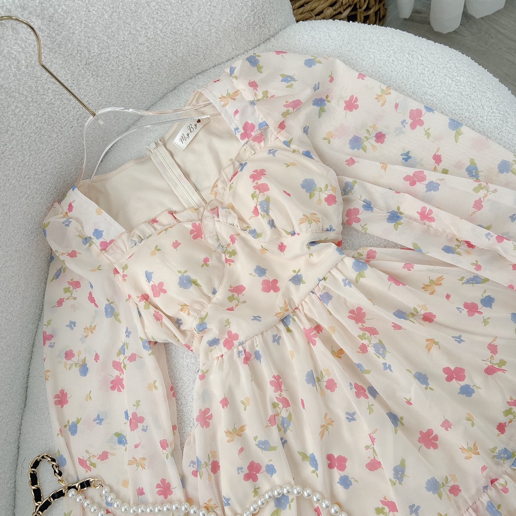 ĐẦM HOA CÚP NGỰC BÈO RỚT VAI TAY DÀI XÒE NHẸ