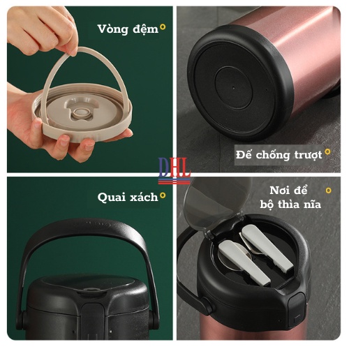 Hộp Đựng Cơm Văn Phòng Giữ Nhiệt, Lồng cơm giữ nhiệt LUNCH BOX Inox 304 Cao Cấp Không Gỉ Dung Tích 2200ml