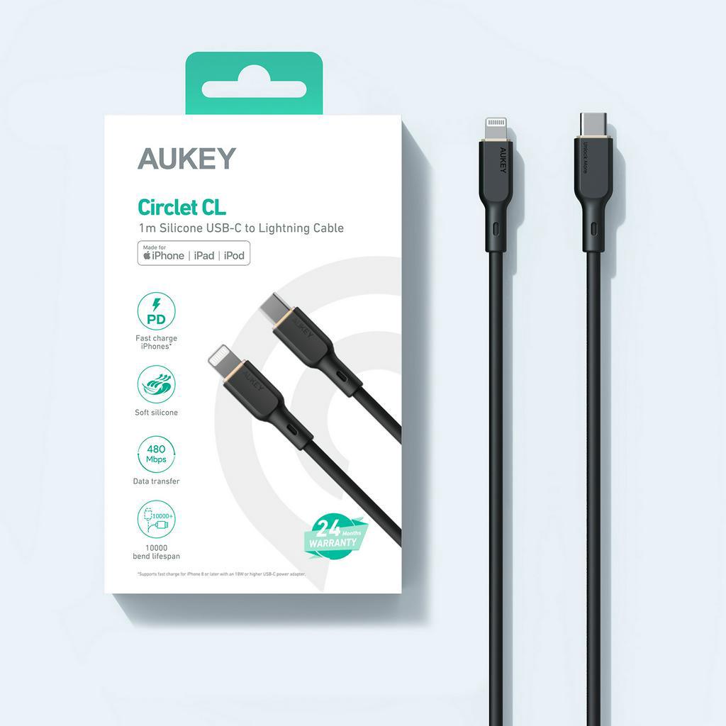 Cáp sạc nhanh Aukey CB-SCL1 PD27W USB-C TO Lightning dây Sạc Nhanh APPLE MFI chứng nhận Gel silica 1M Cho iPhone 14 13 12 11 X 8 iPad