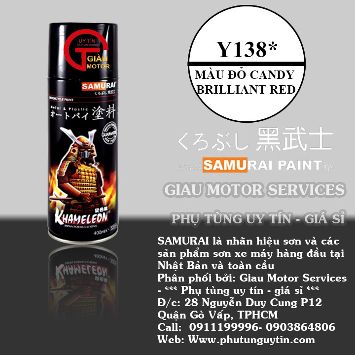 y138 _Chai sơn xịt sơn xe máy Samurai Y138  màu đỏ candy Yamaha - Brilliant Red _ uy tín, giao hàng nhanh, giá rẻ