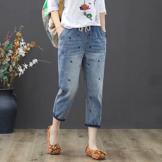 Quần bò #big#size thêu hình tim AL601
