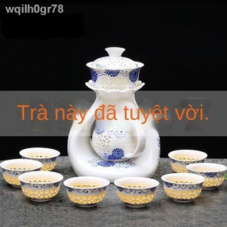 (Giá Hủy Diệt)☸✕Bộ ấm trà Kung Fu bán tự động bộ ấm trà gia dụng đơn giản bằng gốm lười ấm trà đá mài sứ trắng xanh