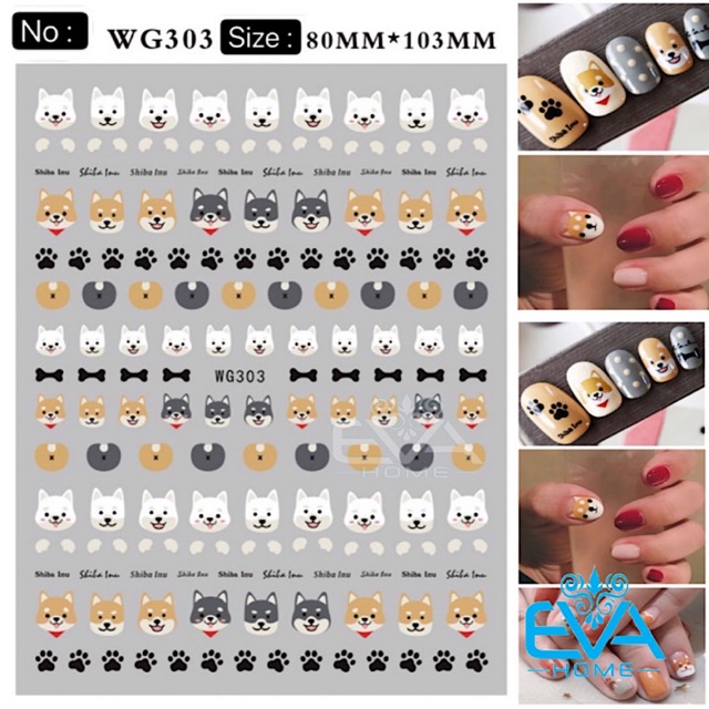 Miếng Dán Móng Tay 3D Nail Sticker Tráng Trí Hoạ Tiết Hoạt Hình Chó Shiba Inu WG303