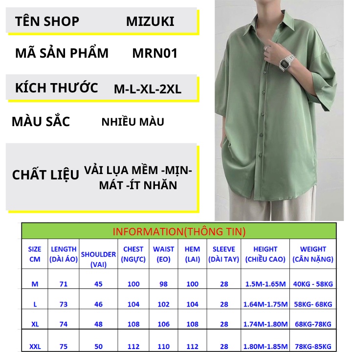 Áo sơ mi rộng tay ngắn nam nữ unisex cổ bẻ nhiều màu kiểu hàn quốc vải lụa mềm mịn mát-MRN01 từ 40-85kg