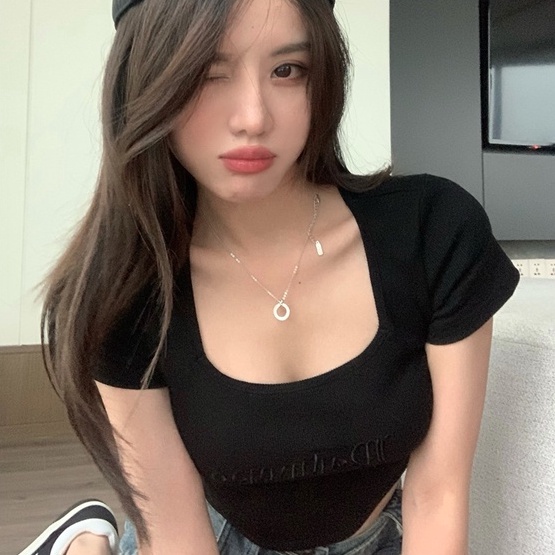 Áo kiểu croptop ZHELIHANGFEI dệt kim tay ngắn cổ vuông phong cách Mỹ quyến rũ thời trang dành cho nữ