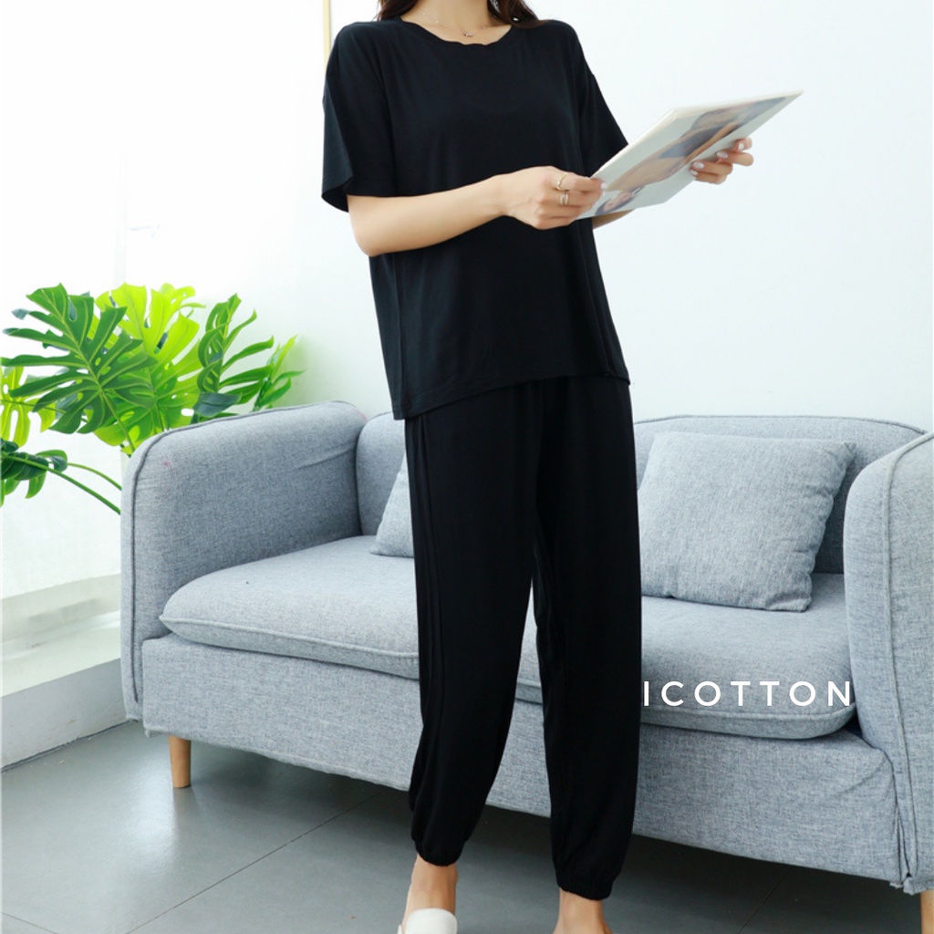 Bộ đồ mặc nhà ICOTTON bộ áo cộc quần gấu bo chun 100% cotton siêu mềm mát