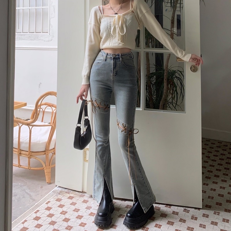 Quần jeans ống loe xẻ tà lưng cao phối dây thắt phong cách retro