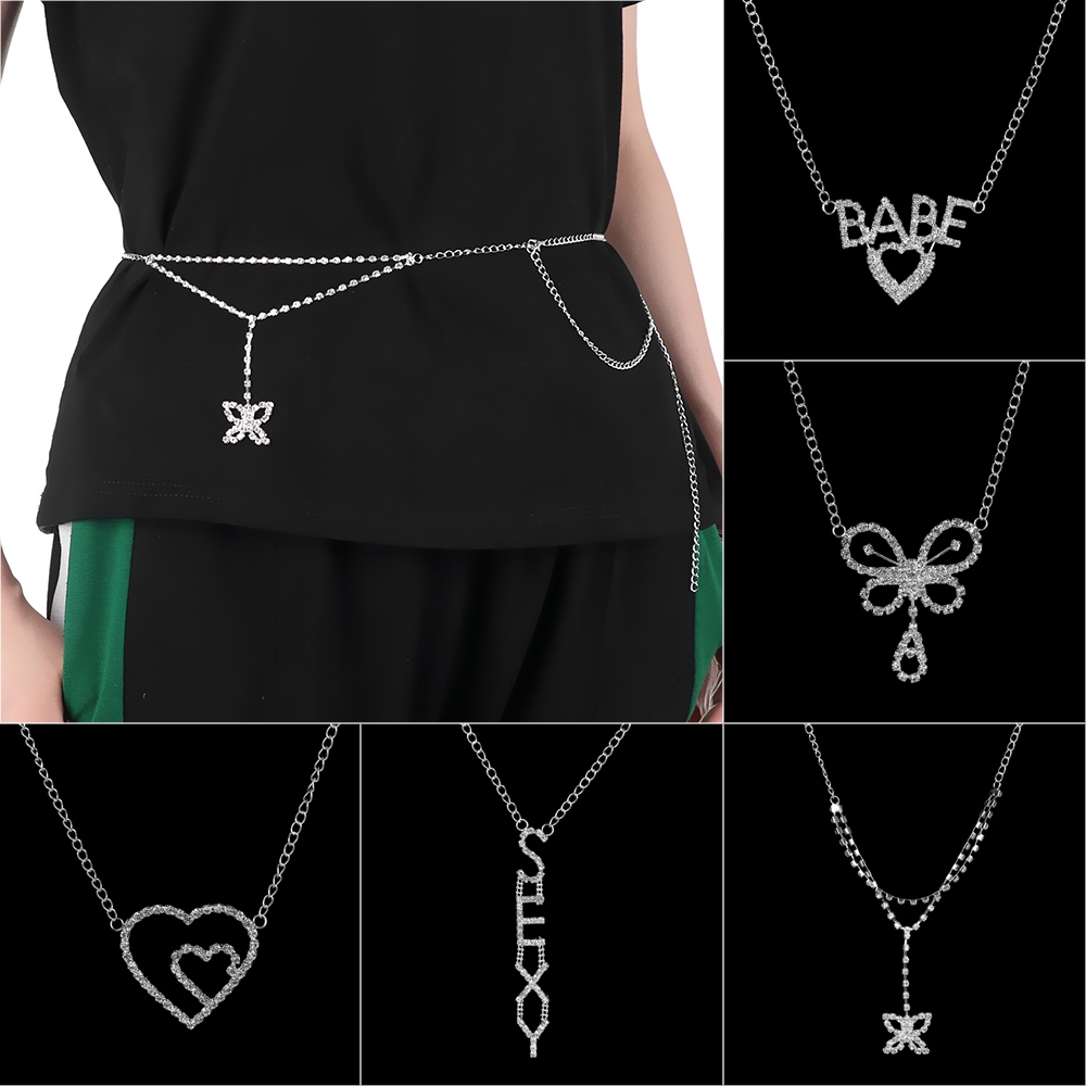 1PC Vintage Flash Drill Heart Waist Chain Cute Bling Bling Rhinestone Butterfly Heart To Heart Belts