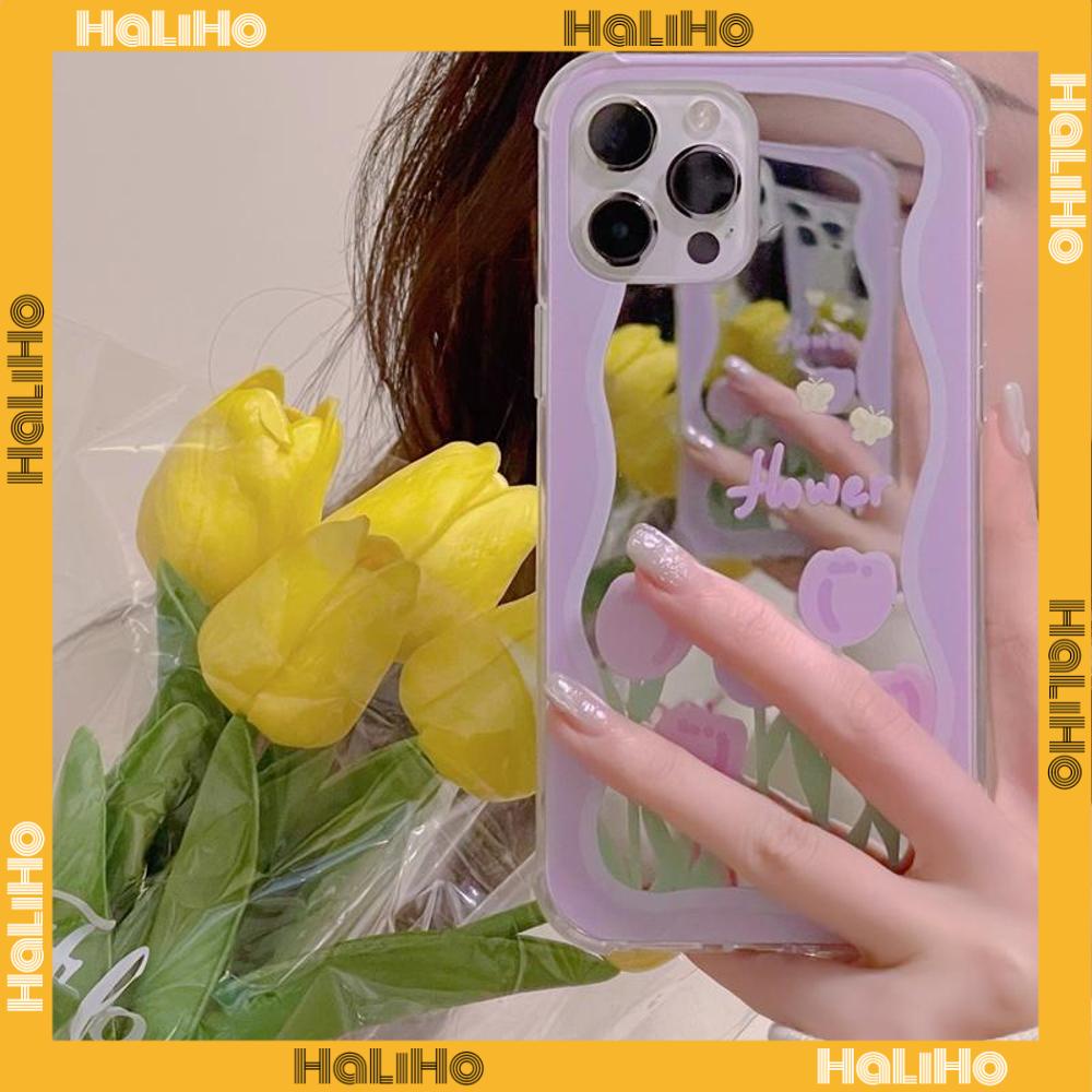 iPhone Case Acrylic HD Mirror Laser Airbag Shockproof Protection Camera Cute Purple Tulip Flowers Compatible For iPhone 11 iPhone 13 Pro Max iPhone 12 Pro Max iPhone 7 Plus xr