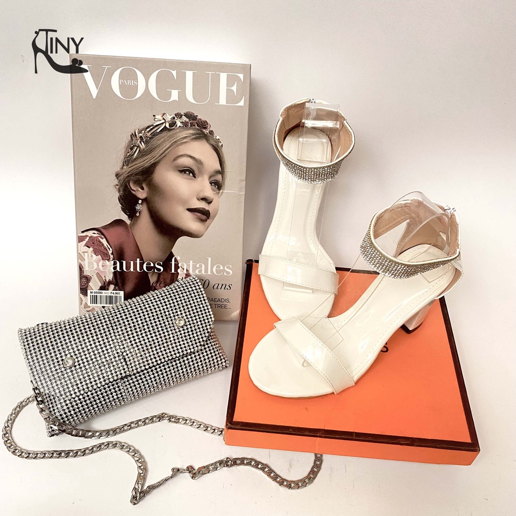 Guốc cao gót nữ kiểu Sandal mũi tròn quai ngang gót bọc 7 phân cao cấp chính hãng - TiNy Shoes