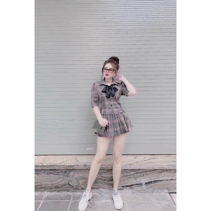 {Freeship} Set Vest Caro tag Nơ Chân váy dập ly (vest dạ kaki) | BigBuy360 - bigbuy360.vn