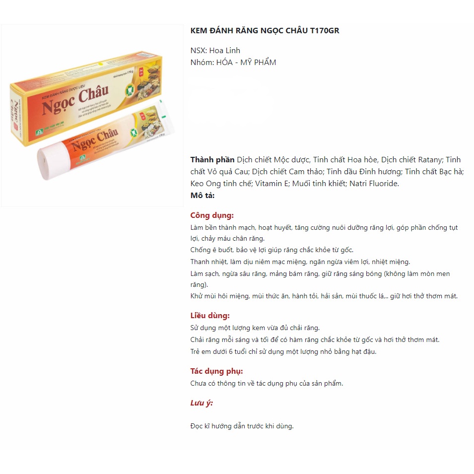 Kem đánh răng Ngọc Châu Hoa Linh Việt Nam tuýp 170gr