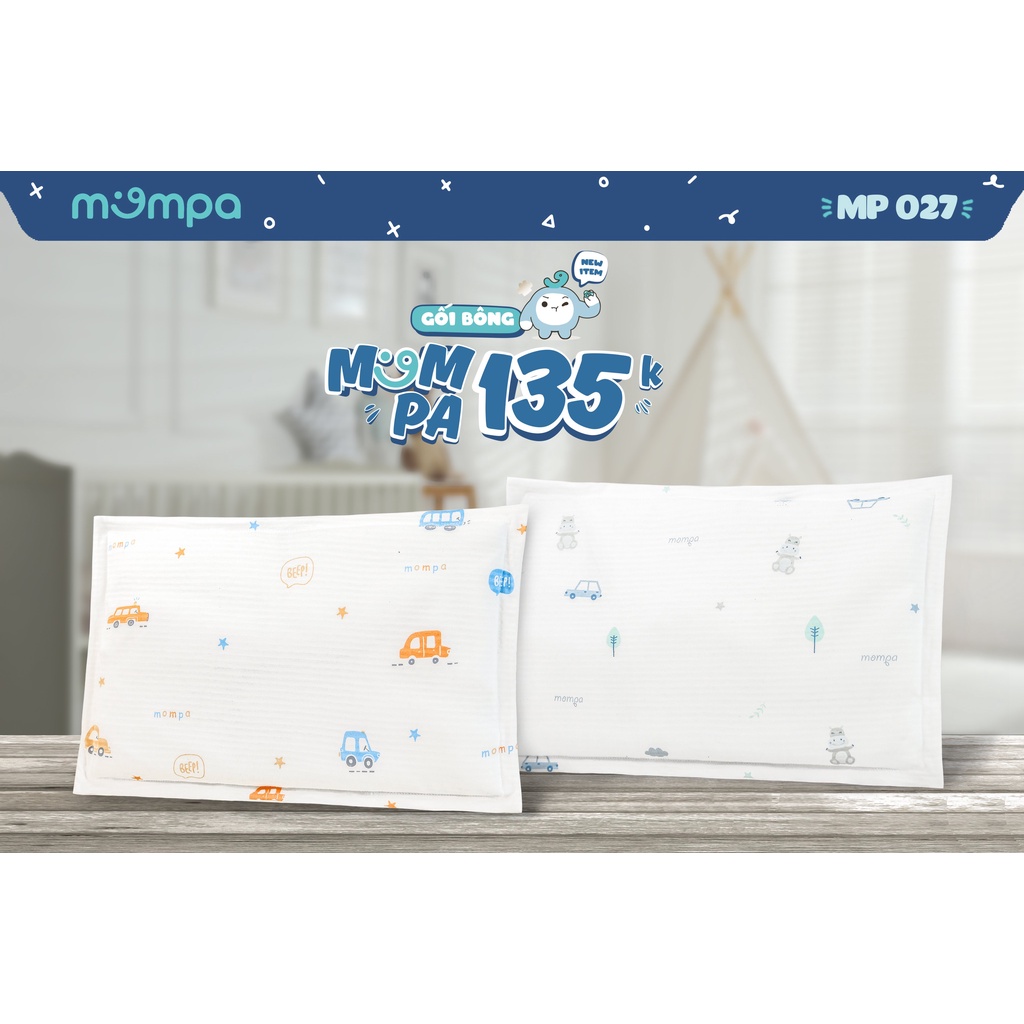 Gối cho bé sơ sinh Mompa vỏ cotton ruột bông mềm mại siêu nhẹ thoáng mát diệt khuẩn 027