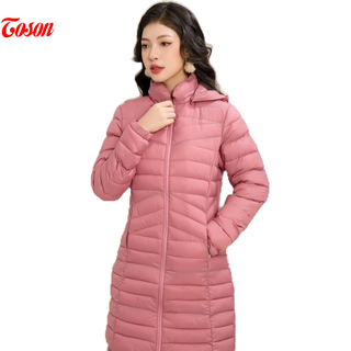 Áo khoác phao Hồng pastel trần bông to - nhỏ,dáng dài có mũ Toson APD66P32
