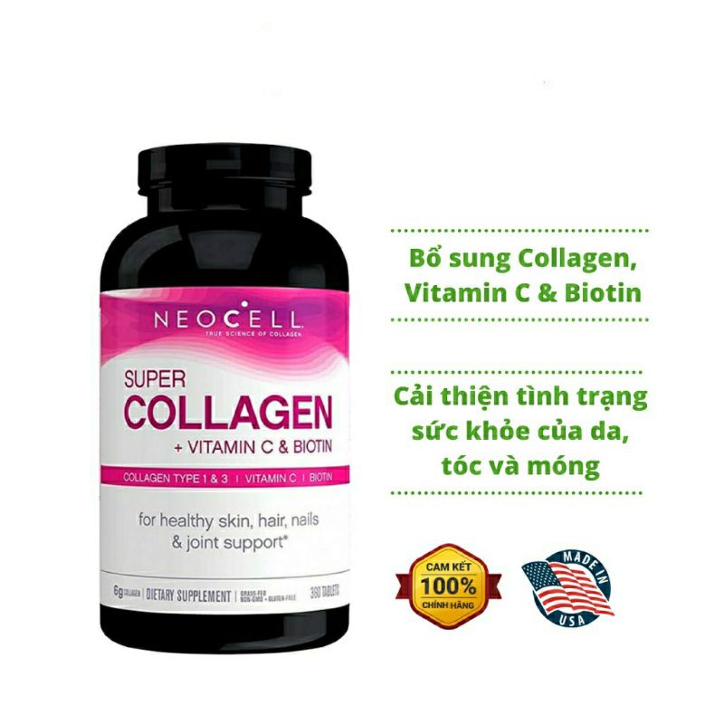 Viên/nước uống đẹp da Neocell Super Collagen Vitamin C Biotin 360 viên