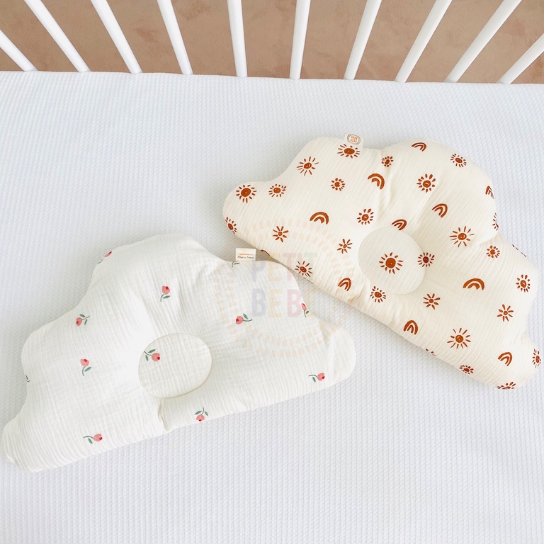 Gối lõm chống bẹp đầu hình mây họa tiết thiên nhiên PETIT BEBE muslin thấm hút thoáng khí cho bé từ 3 tháng tuổi