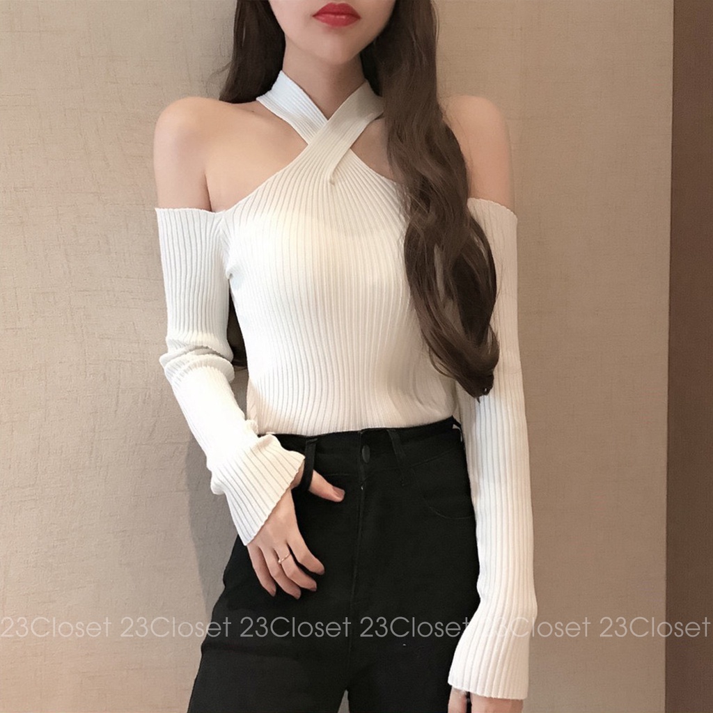 Áo len tăm 23Closet áo len trễ vai nữ cao cấp kiểu Hàn Quốc áo len tay dài hở vai chất co giãn tốt  - ALTT01