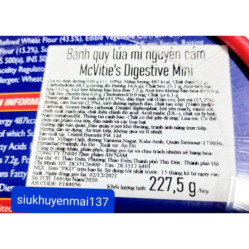 bánh quy lúa mì nguyên cám digestive mcvities mini 227,5g