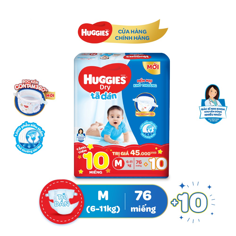 [Cộng 10 miếng] Combo 2 Tã Dán Huggies Dry Super Jumbo M76/L68/XL62/XXL56