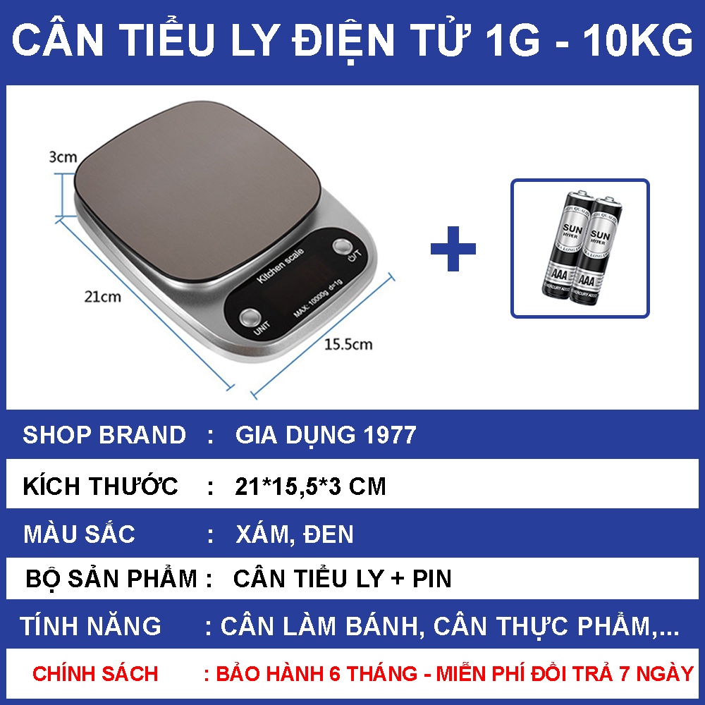 Cân tiểu ly điện tử nhà bếp mini định lượng 1g - 5kg làm bánh độ chính xác cao kèm 2 viên pin AAA