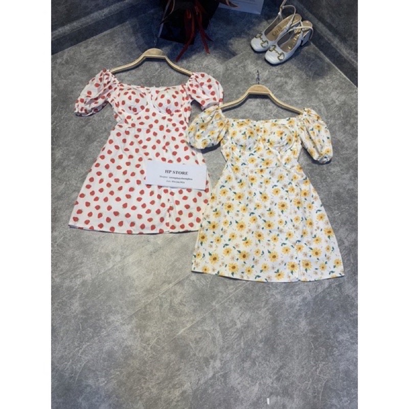 Váy hoa tay bồng cổ vuông hoạ tiết dâu tây hoa lá siêu xinh