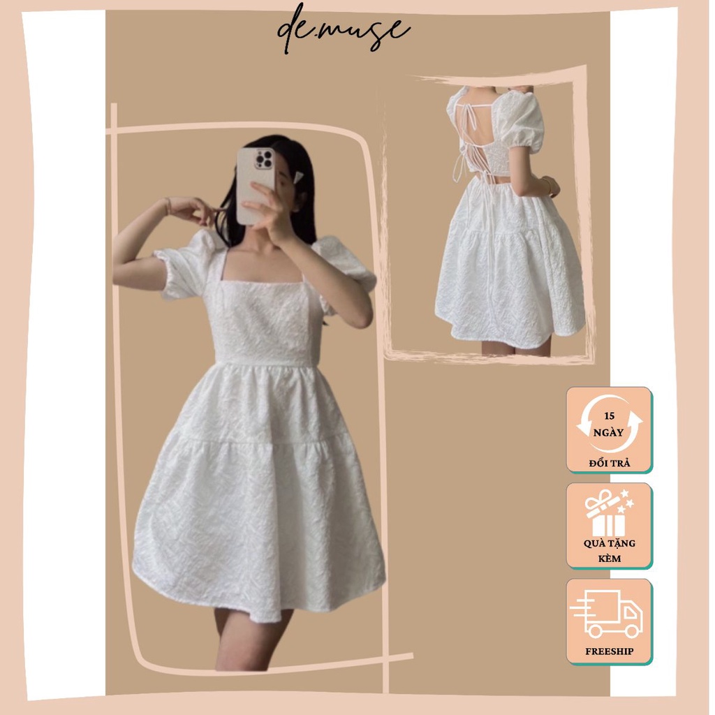 Váy Xốp Hoa Trắng Tiểu Thư Cổ Vuông Tay Bồng Hở Lưng Kiểu Dáng Xòe Ảnh Thật Thiết Kế Demuse
