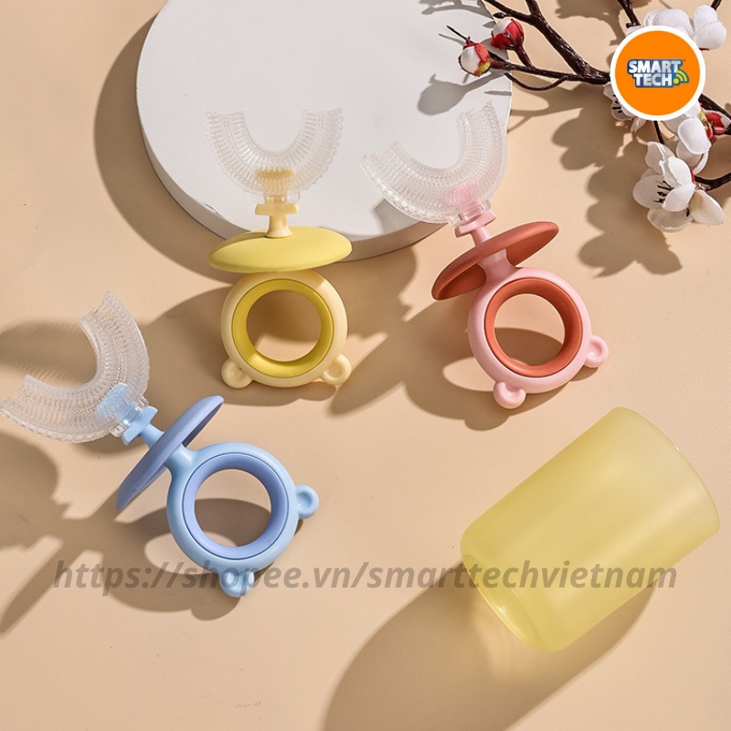 Bàn chải đánh răng cho bé TEDDY - Bàn chải cầm tay chữ U silicone có kèm cốc đánh răng tiện lợi cho bé từ 2 tuổi