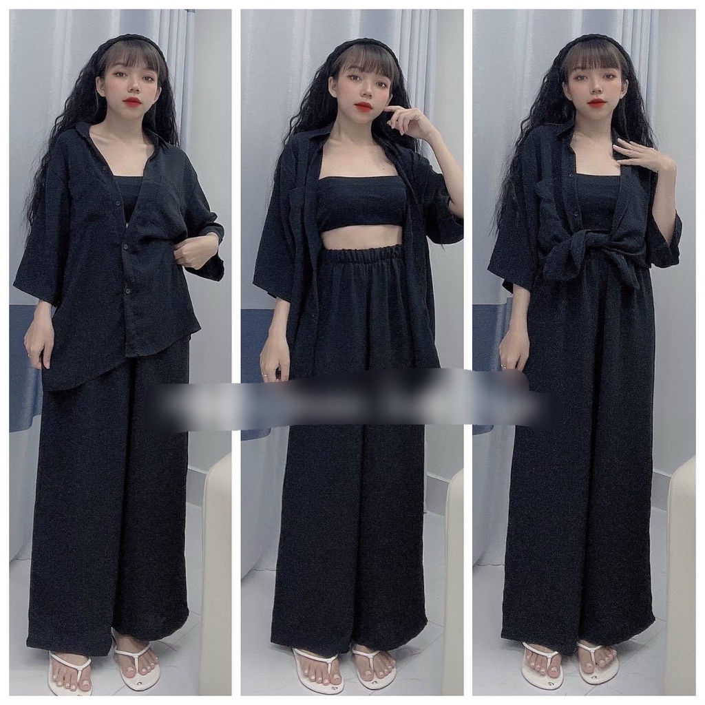 [Set bộ sale] Set bộ 2 món đi chơi phong cách cá tính, quần ống rộng kèm áo sơ mi form rộng phối áo lót trong sexy