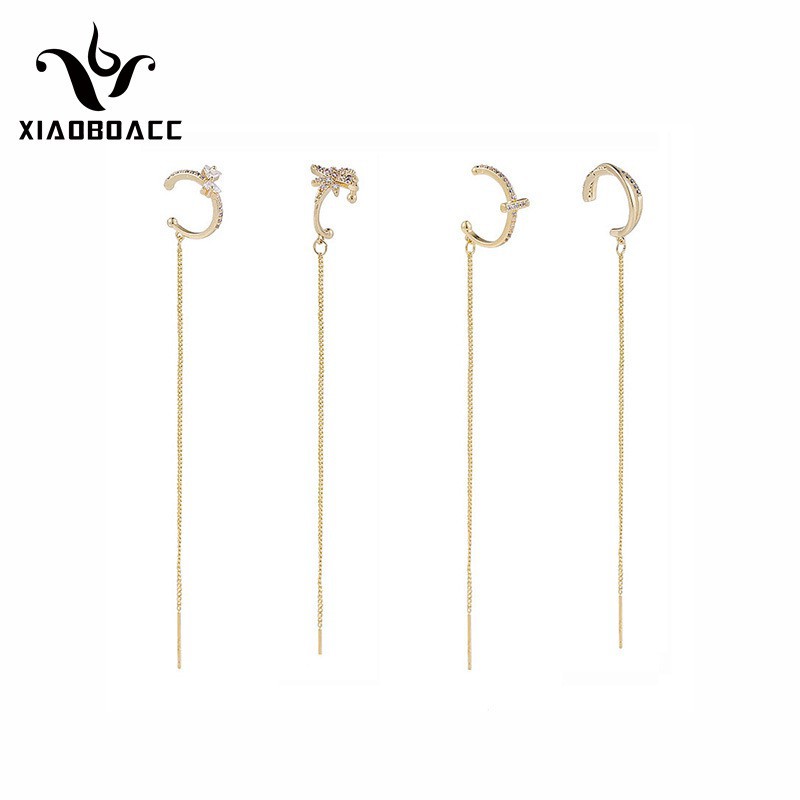 XiaoboACC 1 Chiếc Hoa Tai Thiết Kế Đính Đá Zircon Phối Tua Rua Và Kẹp Tai Phong Cách Hàn Quốc