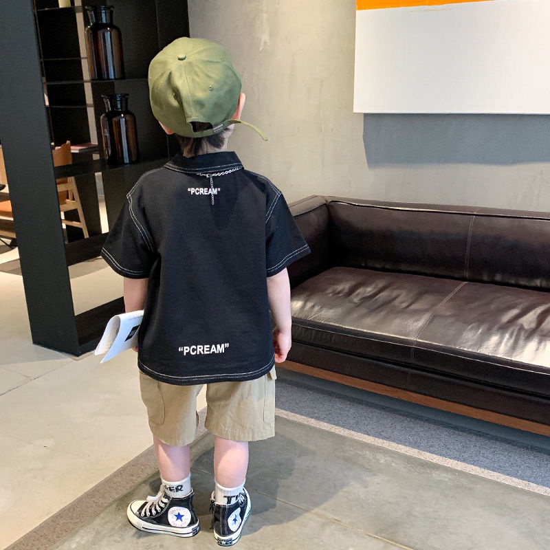 Set Đồ Thể Thao Mùa Hè Gồm Áo Thun Tay Cộc Có Cổ + Quần Bằng Cotton Trơn Phong Cách Phương Tây Cho Bé Trai