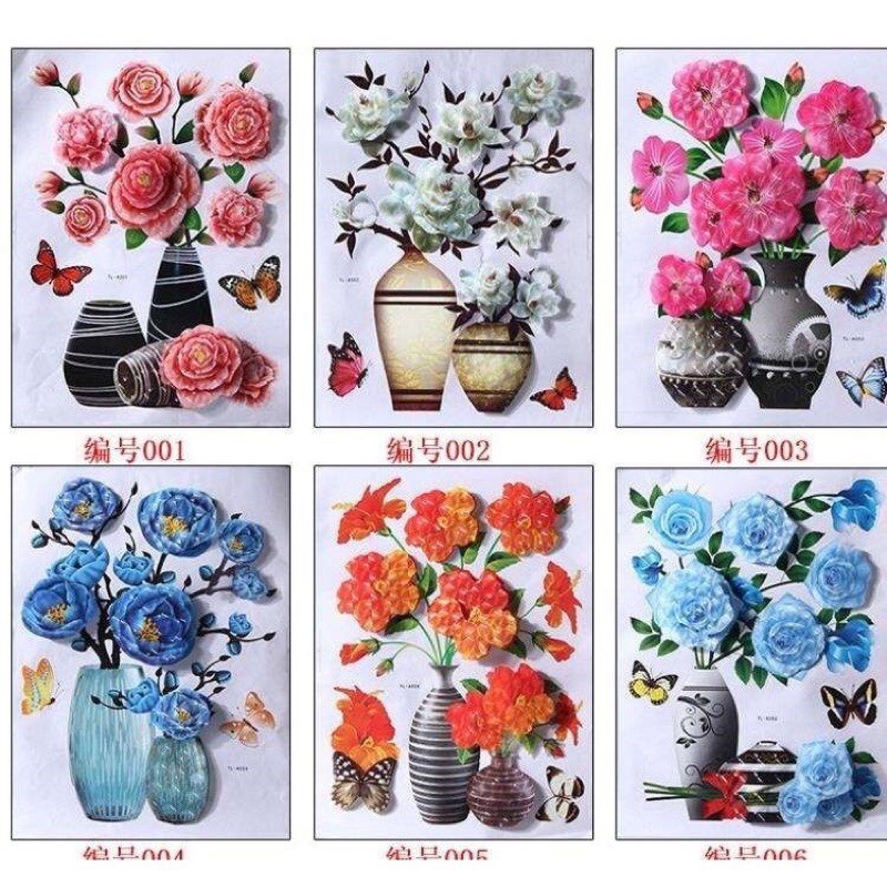 Tranh dán tường 3D hình lọ hoa các kiểu nhiều hình, Decal dán tường 3d Phòng Ngủ xinh xắn