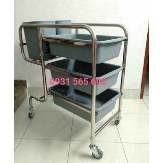 Xe đẩy thu gọn bát đĩa thức ăn thừa sau tiệc khung inox chân cong, xe đẩy dọn chén bát