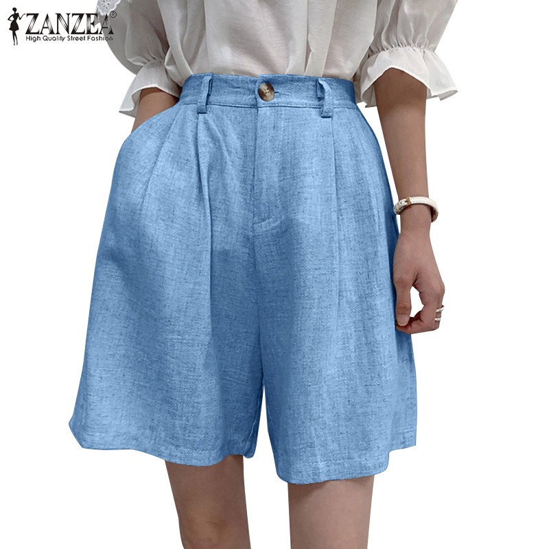 Quần ngắn Zanzea ống rộng lưng thun xếp ly màu trơn phối túi thời trang cho nữ