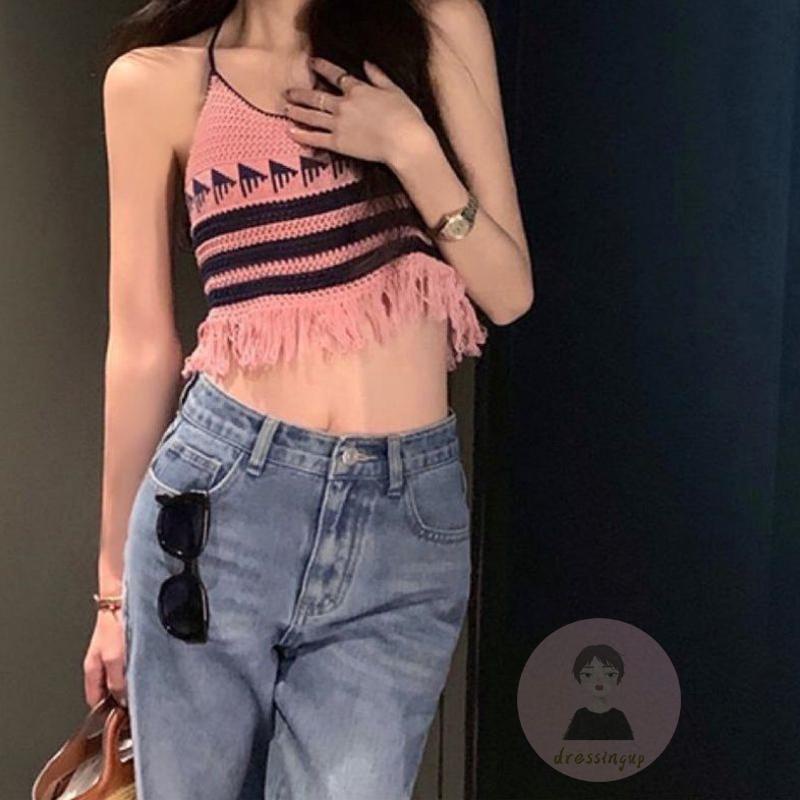 Áo Tank Top Hai Dây Hở Lưng Họa Tiết Kẻ Sọc Phối Tua Rua Cho Nữ