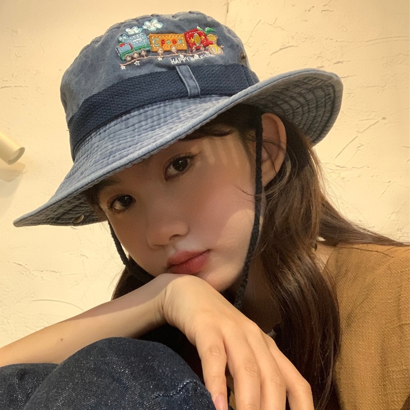 Mũ Cao Bồi Denim Mùa Hè Thêu Họa Tiết Có Dây Cho Thanh Thiếu Niên Phong Cách Hip Hop