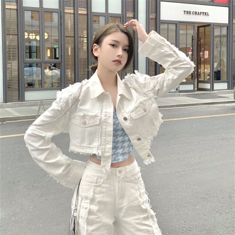 Áo Khoác Denim Ngắn Viền Xích Có Thể Tháo Rời Thời Trang Xuân Thu Cho Nữ