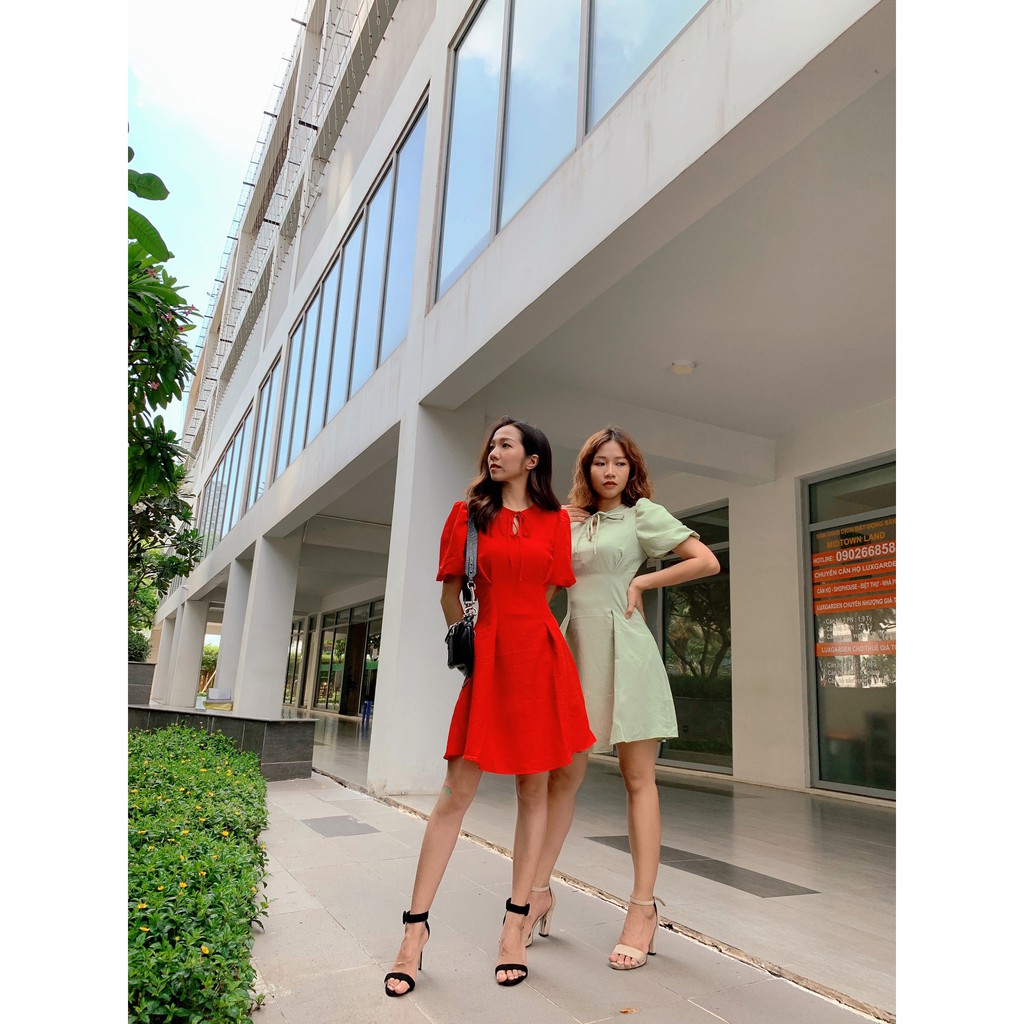 [ẢNH THẬT] Đầm xốp nhún thắt nơ cổ khoét giọt nước DK003 | BigBuy360 - bigbuy360.vn