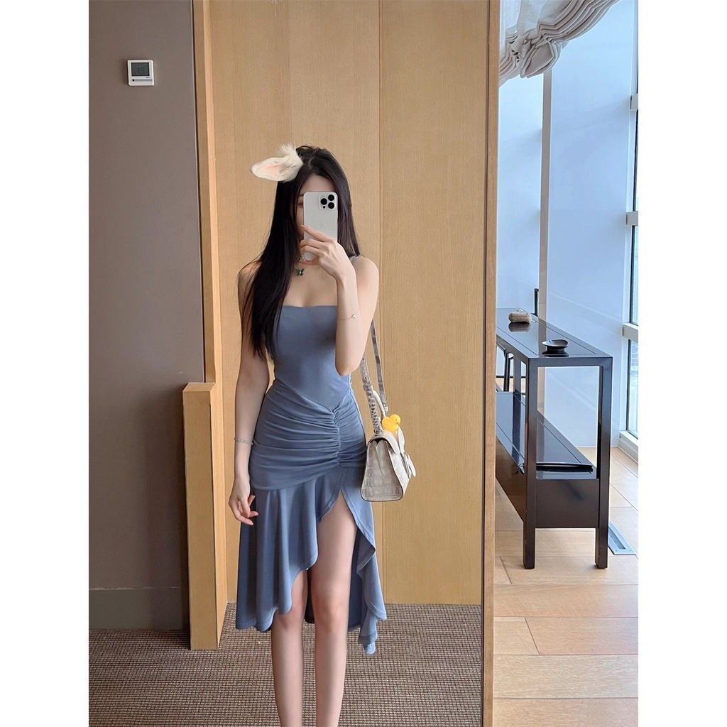 Đầm Hai Dây Co Giãn Màu Xanh Dương Mùa Hè Phong Cách Mới 2022