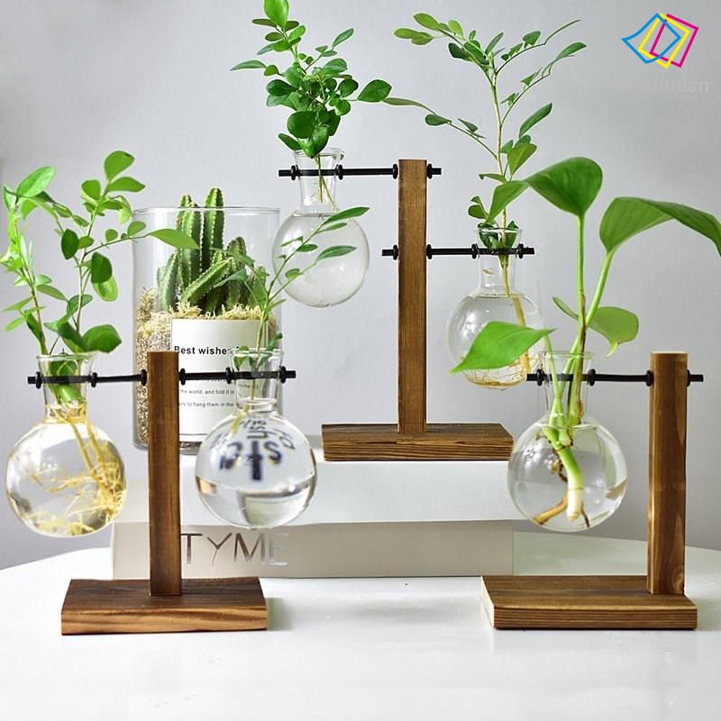 Bình hoa thủy tinh có khay gỗ để bàn trang trí
