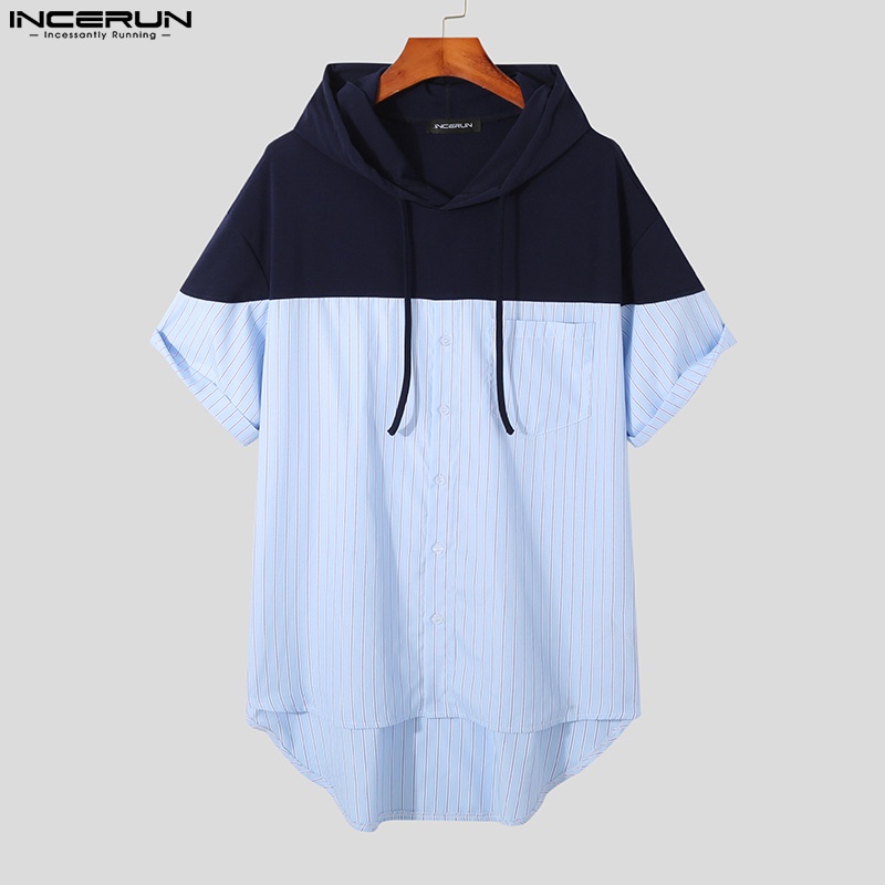 Áo hoodie INCERUN ngắn tay dáng rộng phối màu cá tính thời trang cho nam