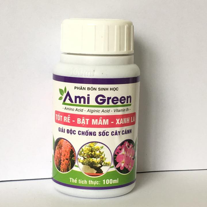 Phân bón sinh học AMI GREEN giải độc cây trồng. Tốt rễ, bật mầm, xanh lá chai 100ml.