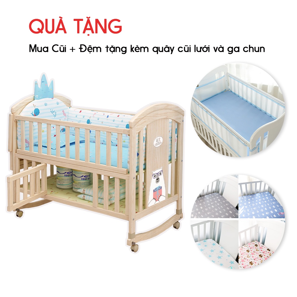 Cũi gỗ đa năng cho bé RUNA KIDS màu trắng 6 chế độ tiện lợi (tặng ga chun) gỗ thông New Zealand bảo hành 3 năm